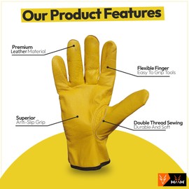 HMH Sports Leather Gardening Gloves for Men and Women - Tough Working Safety Gloves - Comfortable Breathable Safety Gloves – Protective Garden Gloves for Men And Women with Strong Grip (Yellow, XL)