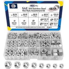 ZQZ 405 Pcs SAE Hex Nuts Assortment Kit #2-56#4-40#6-32#8-32#10-24#10-32#12-24 1/4"-20 5/16"-18 3/8"-16 7/16"-14 1/2"-13 Stainless Hex Nuts Set