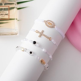 Handmade Braided & Beaded Bracelet Set 4pcs/ set - Fashion Matching & Adjustable Size Cross Decor Accessories for Daily Wear:_white set