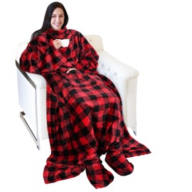 Catalonia Wearable Fleece Blanket with Sleeves and Foot Pockets for Adult Women Men, Micro Plush Comfy Wrap Sleeved Throw Blanket Robe Large, Red Checker Plaid