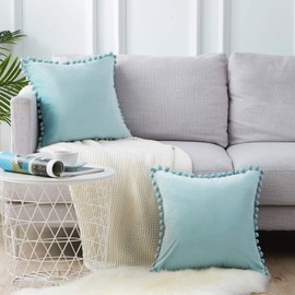 Top Finel Decorative Throw Pillow Covers 16 x 16 Inch Soft Particles Velvet Solid Cushion Covers with Pom-poms for Couch Bedroom Car 40 x 40 cm, Pack of 2, Light Blue