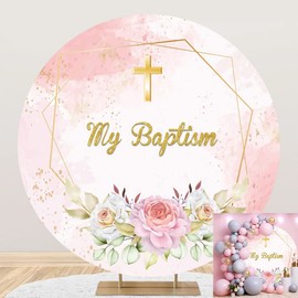 6.5x6.5ft My Baptism Arch Round Backdrop Cover Pink Gold Cross Flower Background God Bless Christening Party Photography Banner Baby Shower Birthday Party Supplies Photo Booth Props