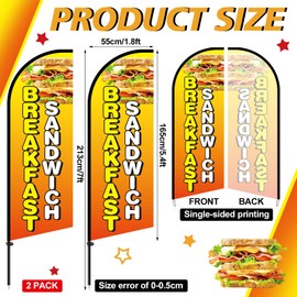 Boao 2 Sets 7 ft Breakfast Sandwiches Swooper Flag Signs, Breakfast Sandwiches Feather Flag Banners with Stainless Steel Flagpole, Ground Stake, Eye-catching Business Sign Banner for Store Advertising