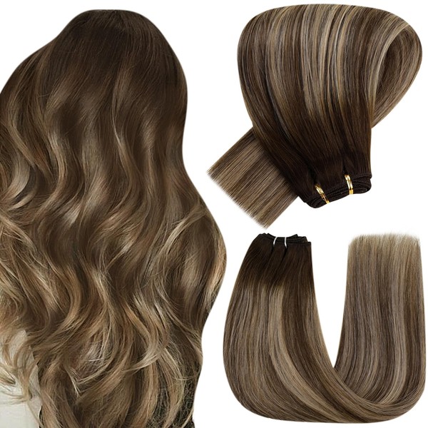 Hetto Real Hair Extensions, Balayage Hair Weft Extensions, Remy Wefts Real Hair Extensions, Balayage Chocolate Brown to Caramel Blonde #4/27/4 80 g 40 cm