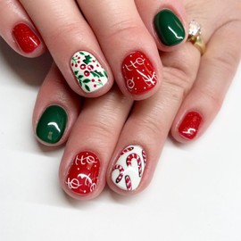 Short Square Press on Nails Christmas Fake Nails with Designs Glossy Holly False Nails Red Glue on Nails Candy Cane Cute Stick on Nails Green Nails Press on Acrylic Nails for Women Nail Art Decoration