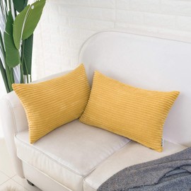 HWY 50 Corduroy Soft Solid Decorative Throw Pillows Covers 12x20 Inch Rectangle Boho Striped Accent Throw Pillow Cases Set Cushion Covers for Couch Bed Sofa Pack of 2 Mustard Yellow