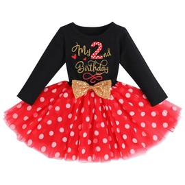 Fymnsi Baby, Toddler Girl My 1st / 2nd / 3rd Birthday Dress, Cotton Long-Sleeved Tulle Dress, A-line Princess Party Dresses with Headband, Costume Outfit for Photo, Shooting, Black + Red - 2nd Birthday, 2 Jahre