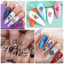 Tiger Animal Stickers: Self-Adhesive Tiger Nail Decals with Holographic Flowers & 3D Art Design - Decoration for Women & Acrylic Nails (6 Sheets)