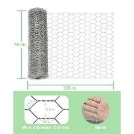Galvanized Chicken Wire Mesh Roll 16.5" x 236", 0.8 Inch Hexagonal Poultry Netting Fence for Garden, Rabbits, Chicken Coop, Plant Protection & DIY Crafts