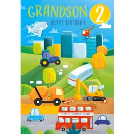 Grandson 2nd Birthday Card - Age 2 - Tractor, Digger and Bus - Contemporary Vehicles Design - Made in the UK - Eco-Friendly
