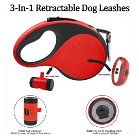 Huhaneon Retractable Dog Leash with Waste Bag Dispenser and Flashlight, 26ft Dog Leash for Small Medium and Large Dogs up to 110lbs, One Button Break & Lock,360°Tangle Free, Soft Anti Slip Grip,Red