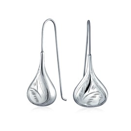 Carved Etched Puffed Pear Shaped Rain Drop Teardrop Earrings For Women Fishhook .925 Sterling Silver 2Inch