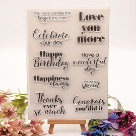 Happy Birthday Blessing Words Clear Stamps Silicone Stamp Cards with Sentiments, Greetings Words Flower Transparent Seal Stamps for Holiday Card Making Decoration DIY Scrapbooking Album DIY Crafts