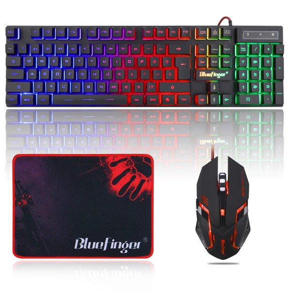 BlueFinger RGB Gaming Keyboard and Backlit Mouse Combo, USB Wired,