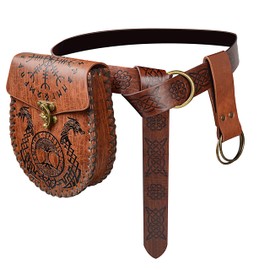 ANTWASP Nordic Embossed Belt Pouch Vintage Portable Waist Bag Renaissance Belt Set Medieval Side Pack for Cosplay Accessories (Brown)