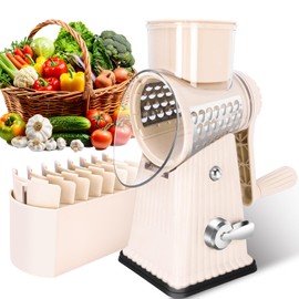 YHBARK Rotary Cheese Grater with 5 Well-designed Blades & Strong Suction Base, Kitchen Mandoline Vegetable Slicer with Blade Storage Box(Off-white)