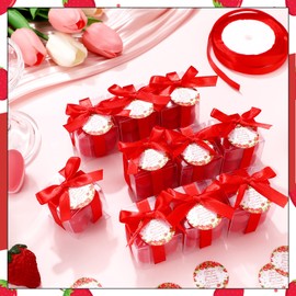 MTLEE 24 Sets Strawberry Baby Shower Favors Small Bubble Candle for Guests Tea Candles Bulk with Stylish Ribbons Cards Gifts Party Decoration(Bright Red, Strawberry)