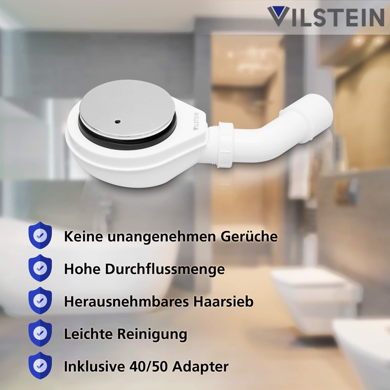 VILSTEIN Shower Tray Siphon, 90 mm Shower Drain with Odour