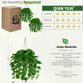 QIANYUN Fake Hanging Plant-Silk Plants for Home Decor Indoor-40Inch Pothos Faux Hanging Plants for Coffee Table, Living Room, Bedroom, Bathroom & Office Desk Decor