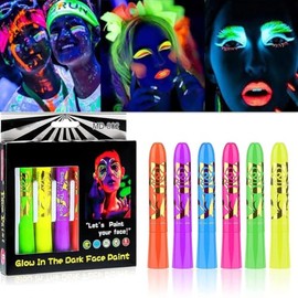 6 Piezas Kit de Pintacaritas Neón, 6 Colores  Pintura Facial y Corporal, Brillos para la Cara UV, Maquillaje Lavable, Para Disfraces De Halloween Y...