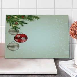 Ambesonne Christmas Cutting Board, Abstract Celebration Balls Coniferous Tree Branches Bowties, Decorative Tempered Glass Cutting and Serving Board, Large Size, Beige Red Green