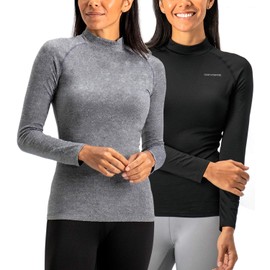 DEVOPS Women's 2 Pack Thermal Turtle Long Sleeve Shirts Compression Baselayer Tops (Medium, Black/Heather Charcoal)