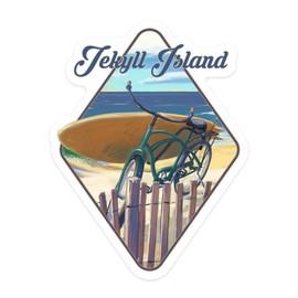 Die Cut Sticker Jekyll Island, Beach Cruiser on Beach, Contour Vinyl Sticker 1 to 3 inches (Waterproof Decal for Cars, Water Bottles, Laptops, Coolers), Small