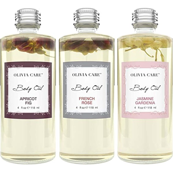 OLIVIA CARE 3 Pack Body Oils, Scents: Apricot Fig, French Rose, Jasmine Gardenia -All Natural Perfume Fragrance & Body Oil Moisturizer, Rich in Vitamin E, K, & Omega fatty Acids