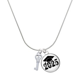 Delight Jewelry Silvertone Mini Open Peace Heart Key Script Class of 2025 Dome Charm Necklace, 18"