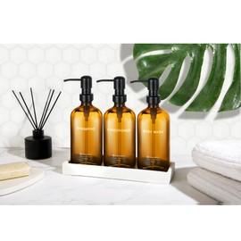 Casa Sofia Amber Glass Shampoo and Conditioner Dispenser Set – Refillable 16 OZ Bottles with Pump, Concrete Tray Included – Modern Bathroom Organization