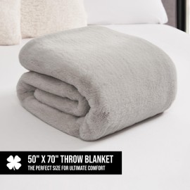 Lucky Brand Solid Rabbit Mink Faux Fur Throw Blanket, Grey Plush Faux Fur Blanket for Sofa or Bed, 50"x70", Light Gray