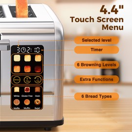 4 Slice Touch Screen Toaster, Easy-to-Use Digital Stainless Steel Toaster with Wide Slots, Reheat Defrost Cancel, Removable Crumb Tray, Silver