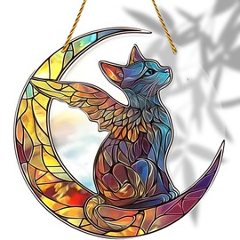 8x8 inch Charming Cat Angel Acrylic Stained Glass Window Hanging Sun Catcher Decor Stained Panel Hangings Wall Art Decor, for Friends and Family (Cat Angel)