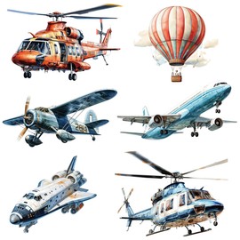 RW-JDFX Removable Cartoon Watercolor Airplane Wall Decals DIY Peel and Stick Helicopter Jet Aircraft and Hot Air Ballon Wall Stickers Motorized Flight Wall Decor for Boys Baby Bedroom Nursery