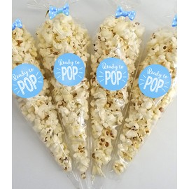 Baby Shower Favours - Ready to Pop - Popcorn Favour Bags - favour bags stickers and pre-tied bows (Blue)
