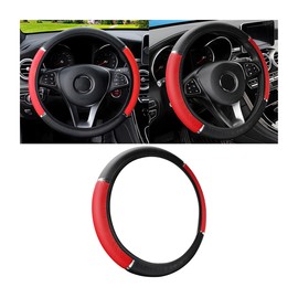 LKAHG Car Steering Wheel Cover, Elastic Stretch Anti-Slip Leather Vehicle Steer Wheel Cover, 14.5-15 Inch Auto Interior Decor Protector with Foam Metal Strip, Universal for Truck RV SUV (Black/Red)