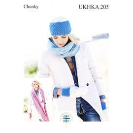 Chunky Knitting Pattern - Ladies Winter Accessories - Hat Mittens & Scarf (UKHKA 203)