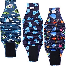 Grecle Premium Male Dog Wraps - High Absorbency Male Dog Diapers (Pack of 3) - Washable Belly Band for Male Dogs Incontinence and Puppy Training (Seafloor, M)