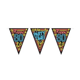 PD-Party 7012910 Neon Party Flags Decoration Happy 60, Multicoloured, Festive, Party Time, Neon, Bunting, 1000 cm Length x 30 cm Width x 0.1 cm Height