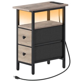 HOOBRO Narrow Side Table with LED Light and USB C Port, Night Stand with Charging Station, Skinny End Table with 2 Fabric Drawers, for Bedroom, Living Room, Greige and Black BG487UDBZ01