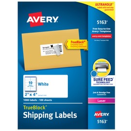 AVERY Avery Printable Shipping Labels with Sure Feed, 2" x 4" Customizable Stickers, White, 1,000 Blank Mailing Labels, Great for Mailing, Shipping, and More (5163)