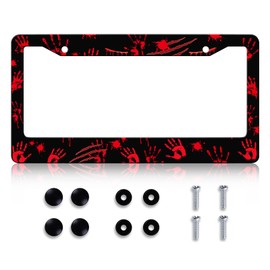 LIN KANG Blood Splattered License Plate Frame Red Hand Print Black License Plate Holder Universal Stainless Steel Auto Parts Rust-Proof Waterproof Car Decorative Tag Frame for Standard US 12x6 Inch