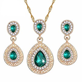 Set Collar y Aretes Oro Laminado 18k + Regalo Rojo Y Verde Cristal Austriaco Brillante Amor Aniversario Detalle Mujer Dama Novia Mamá Elegante Navidad Casual (Verde)