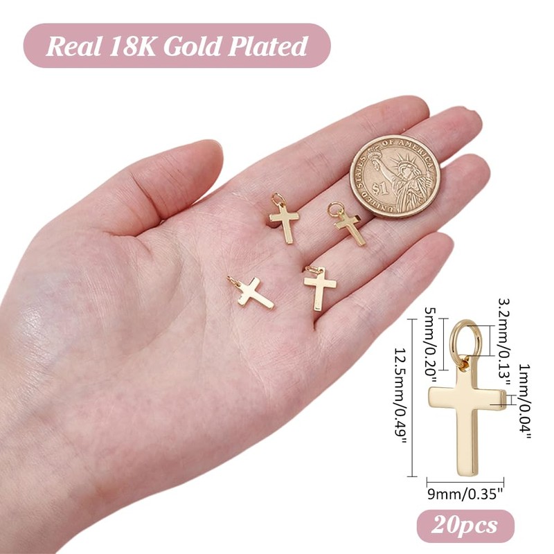 CRAFTYMELODY 20Pcs 18K Gold Plated Cross Charms Brass Cross Pendants
