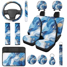 DBBXHZJY 14 Piece Blue Marble Car Seat Cover with Armrest Steering Wheel Cover Headrest Cover Car Cup Holder Coasters Seat Belt Pad and Key Chain Unverisal Fit Most Cars SUV Turcks