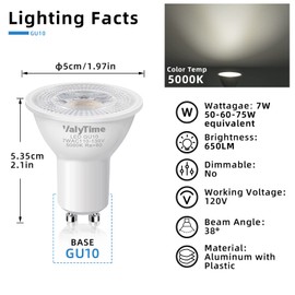 Valytime GU10 LED Bulbs 7W Day White 5000K (50W -60W-75W Equivalent) GU10 Shape Halogen Replacement Bulb 38° 120V 650Lm Non-dimmable for Track Spot Lighting Indoor Recessed,8 Pack