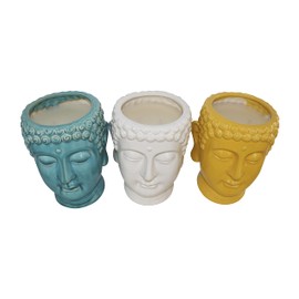 Set of Three 9"H 7" Diameter Ceramic Buddha Citronella Candle Yellow, Blue, and Ivory 40oz Nectarine-scented for Outdoor Decorating Use