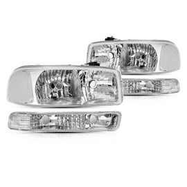 KUAFU Headlight+Corner Light Compatible with 1999-2007 GMC Sierra 1500 2500 3500 C3 1999-2006 Yukon Replacement for 15850351 15850352 Halogen Headlamp Pair Clear Lens Chrome Housing Clear Corner Light