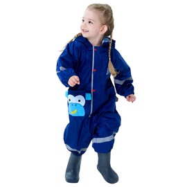 Fewlby Traje de lluvia para niños y niñas, unisex, azul, talla S-XL, 1-10 años, chubasquero impermeable con capucha y cierre de dibujos animados