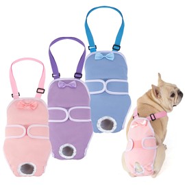 Avont 3 Pack Frenchie Dog Diapers Female, Washable Reusable Girl Doggie Pants for Period Heat Cycle, Full Body Cover Onesie with Adjustable Straps -Pink/Purple/Blue S